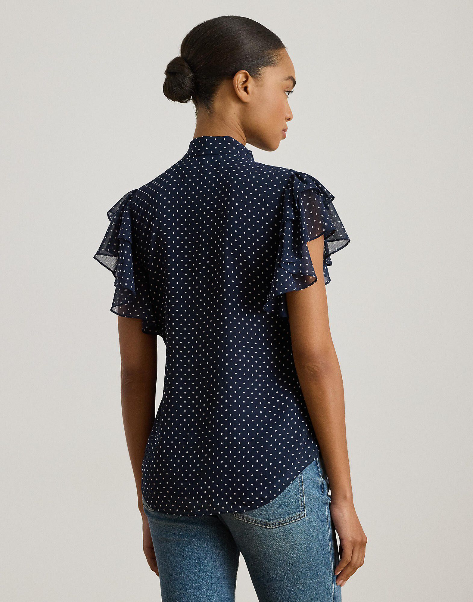 Polka-Dot Georgette Tie-Neck Blouse