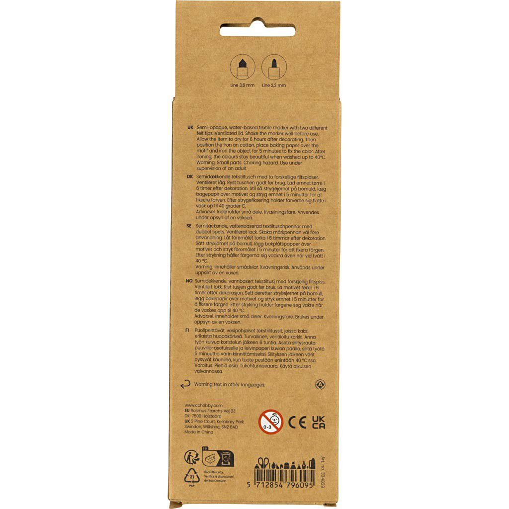 Tekstiltusch, streg 2,3+3,6 mm, 6 stk.