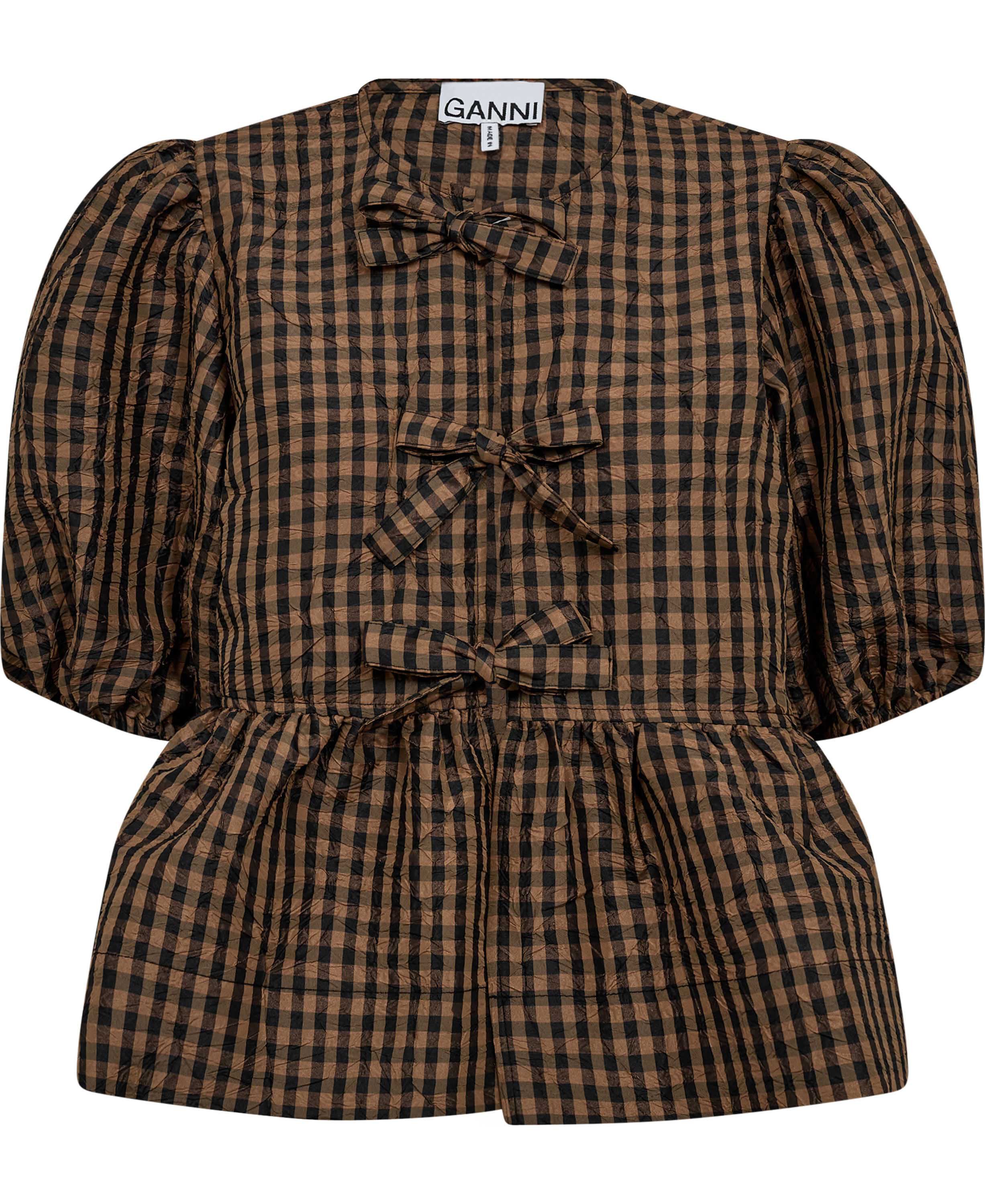 Crinkled Taffeta Check Peplum Blous