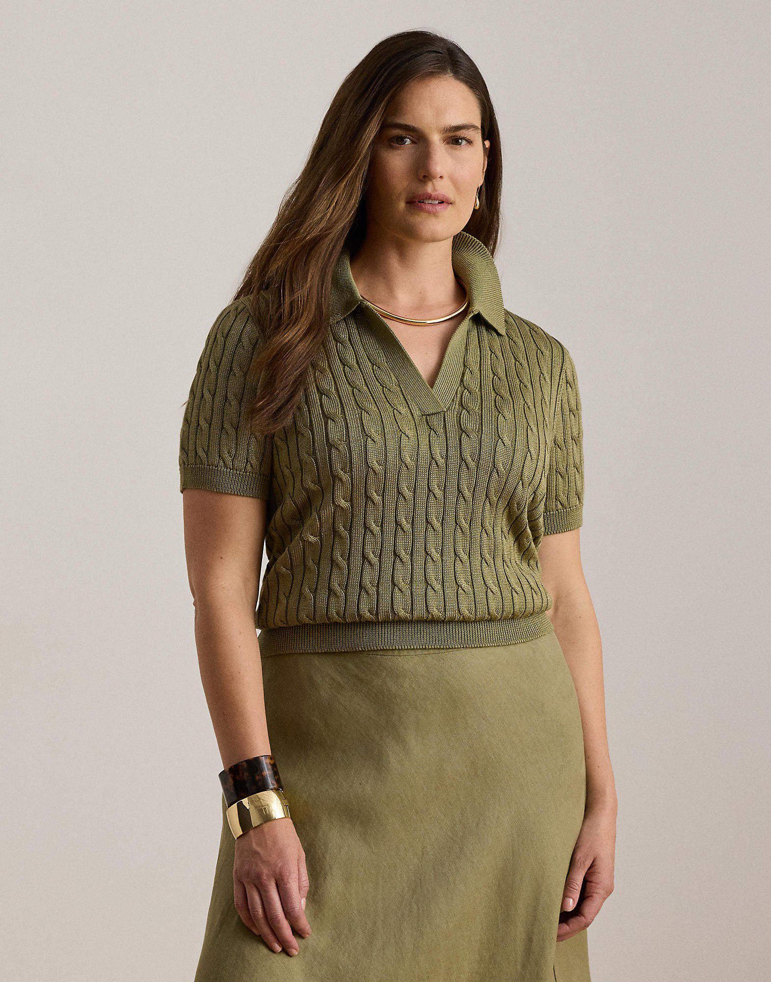 Cable Cotton-Blend Short-Sleeve Sweater