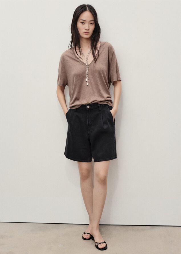 Pleated denim Bermuda shorts