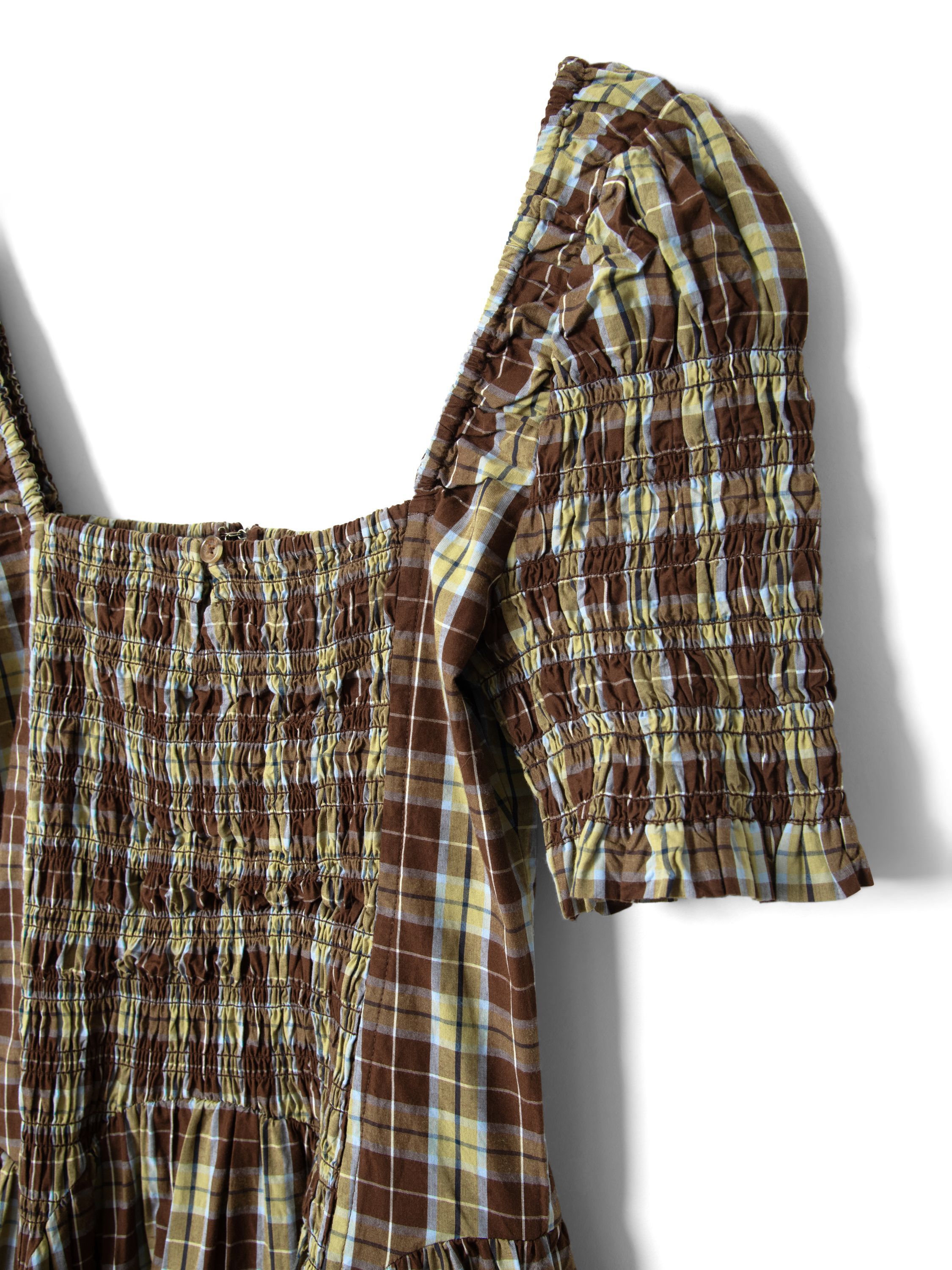 EMMY SHIRRED MIDI DRESS - COCOA CHECK