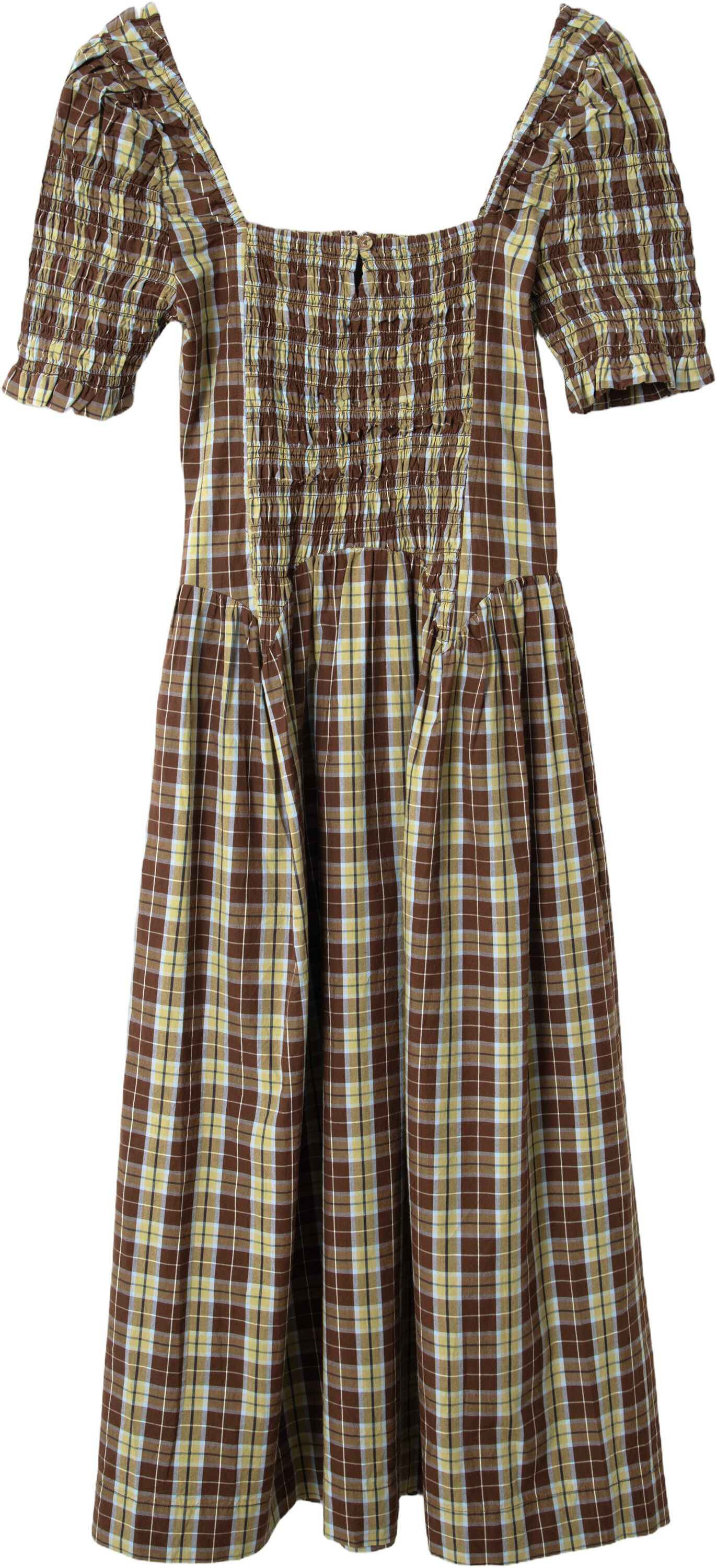 EMMY SHIRRED MIDI DRESS - COCOA CHECK