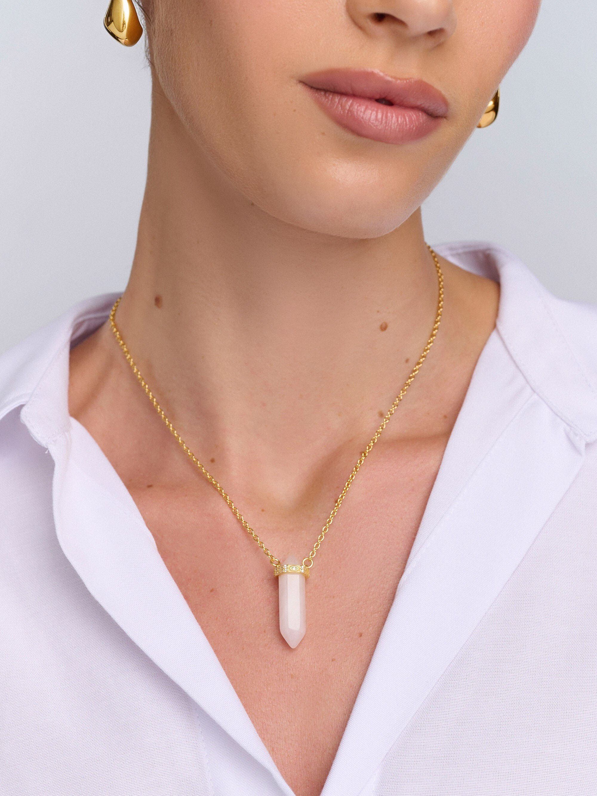 Women's Sterling Silver Rose Quartz Crystal Necklace with En