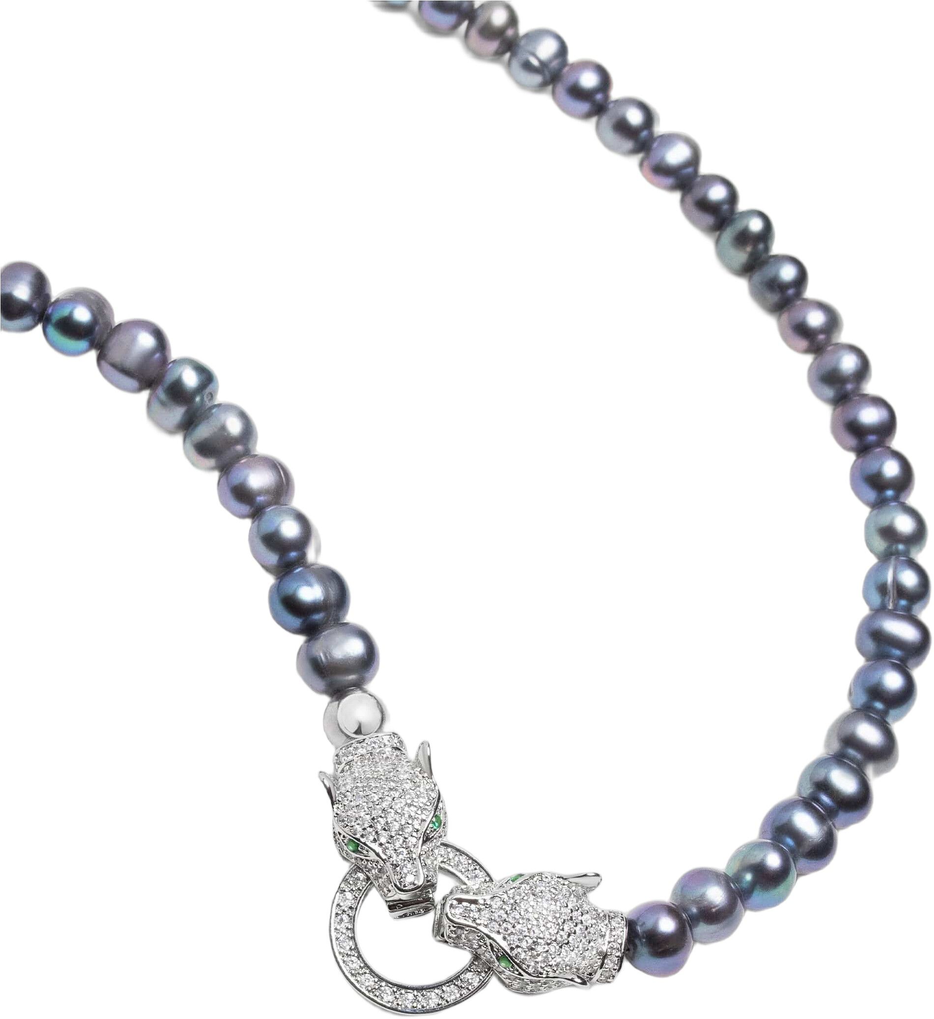 Black Pearl Choker with Double Panther Head in Silver