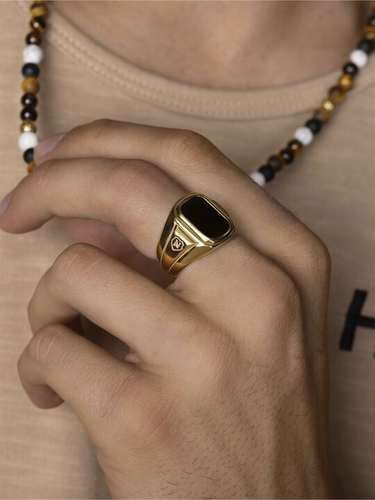 Men's Oblong Gold Plated Signet Ring with Onyx