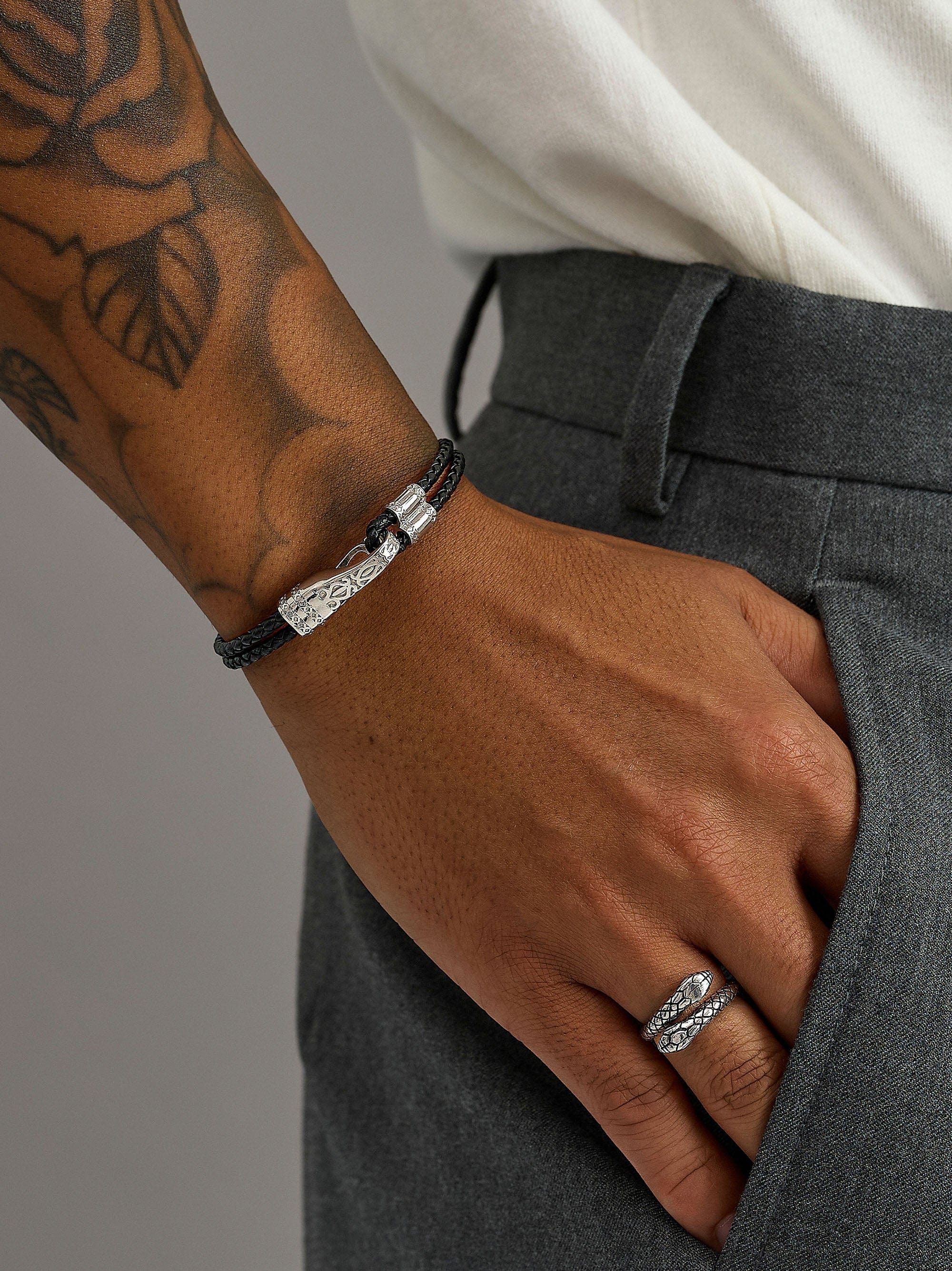 Black Leather Bracelet with Silver Clasp