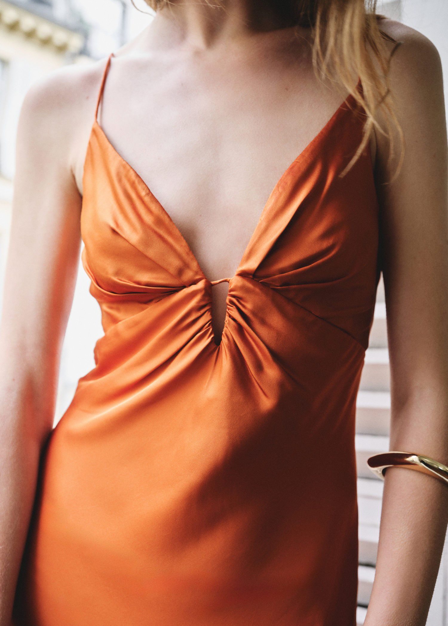 Satin dress with gathered V-necklin