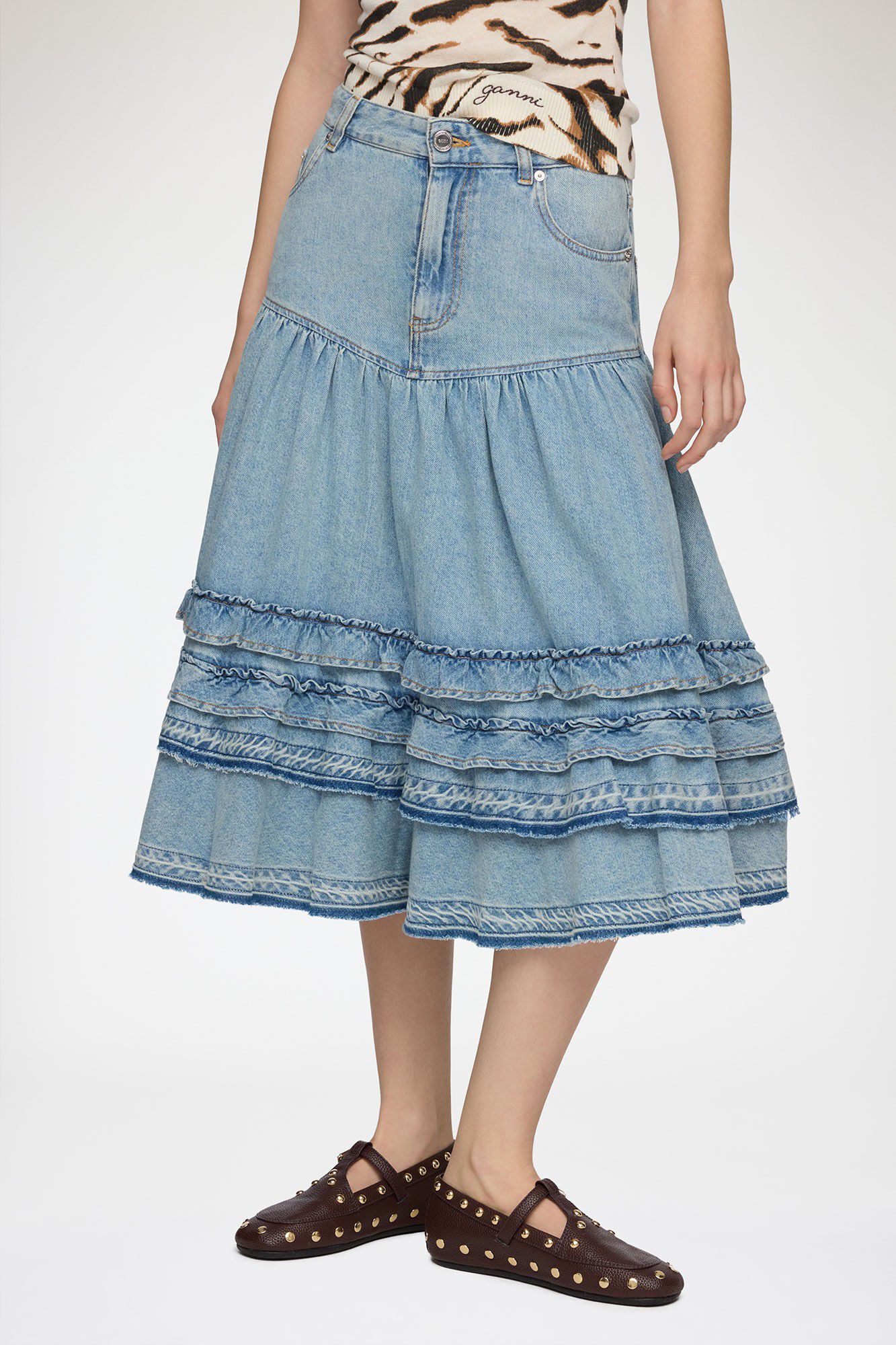 Lightweight Denim Frill Midi skirt