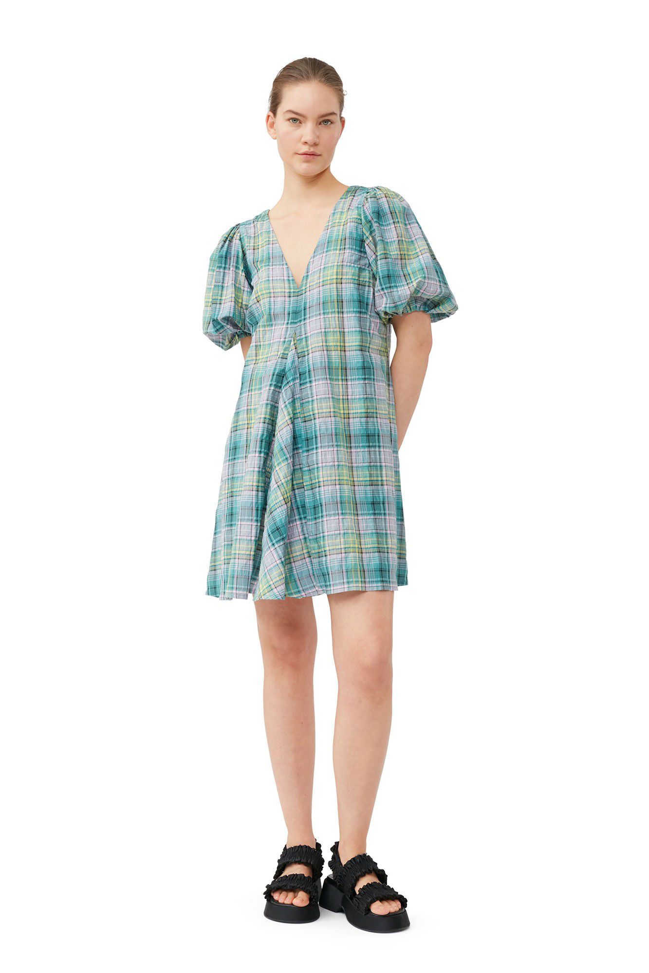Seersucker Check V-Neck Mini Dress