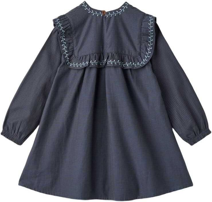 CHECKERED DRESS W. EMB. AND RUFFLE