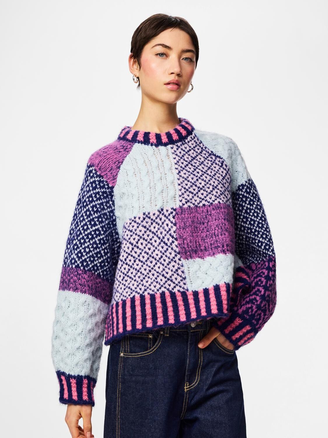 PCFUSION LS O-NECK COLORBLOCK KNIT