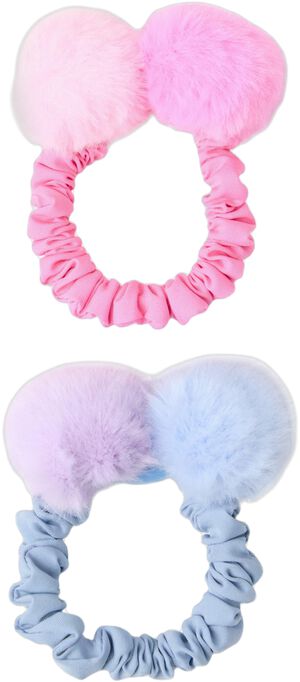 Scrunchies med pompoms i fuskpäls.