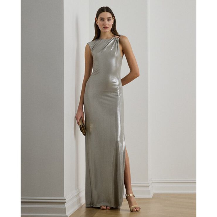 Buckle-Trim Metallic Sleeveless Gown