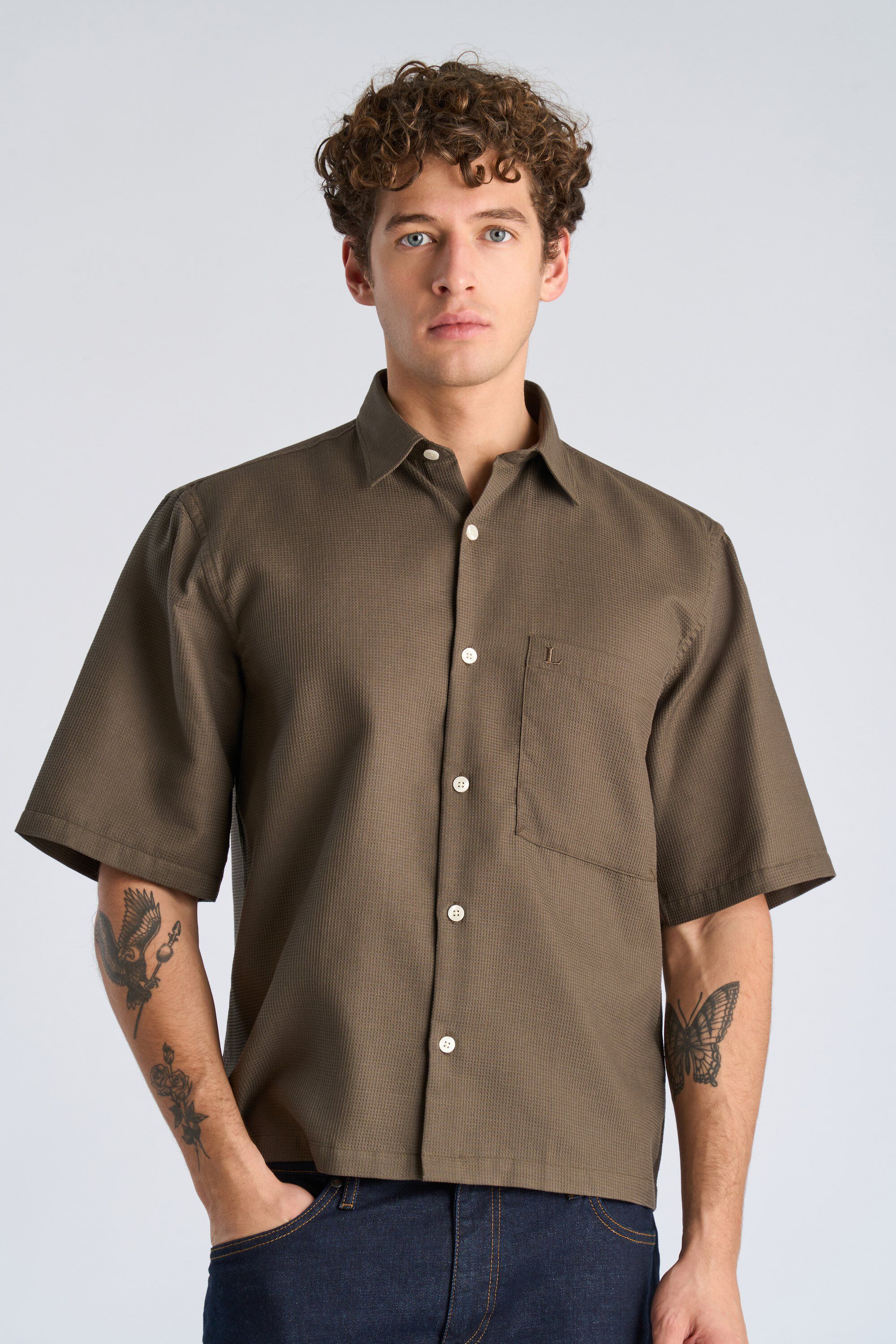 Solid dobby cotton shirt S/S