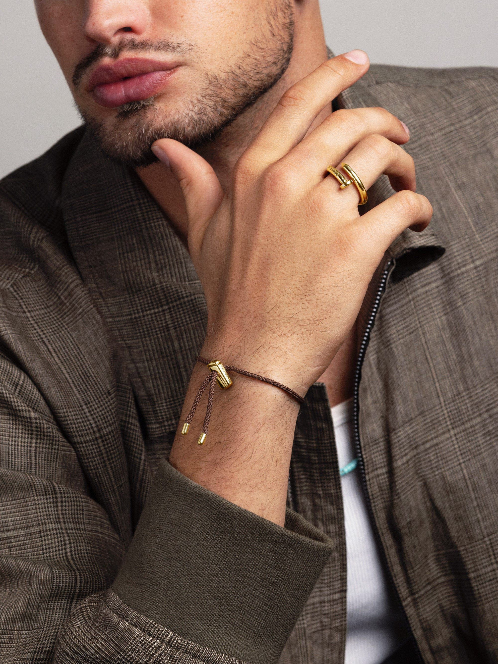 Men's Brown String Bracelet with Adjustable Gold Lock