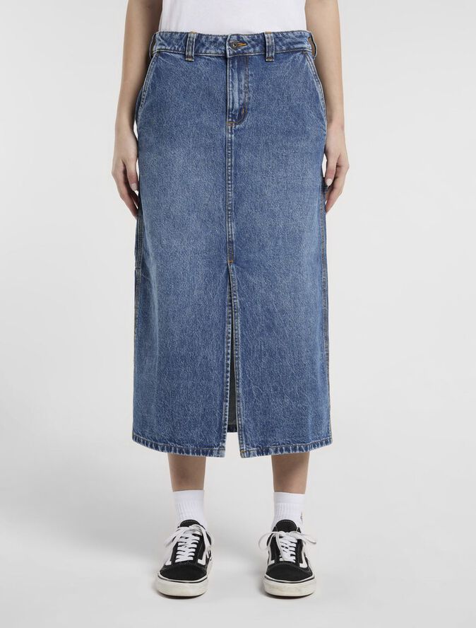 LONG DENIM CARPENTER SKIRT W RINSED