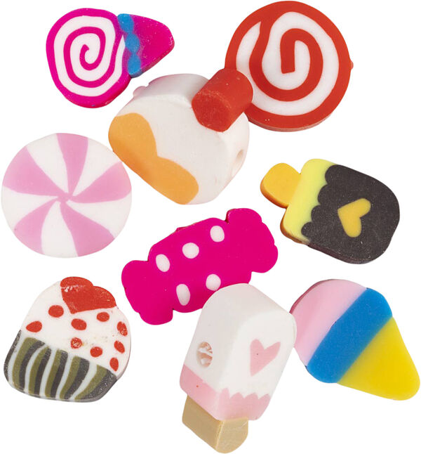 Figurperler, Slik, kager og is, diam. 10 mm, hulstr. 1,5 mm,