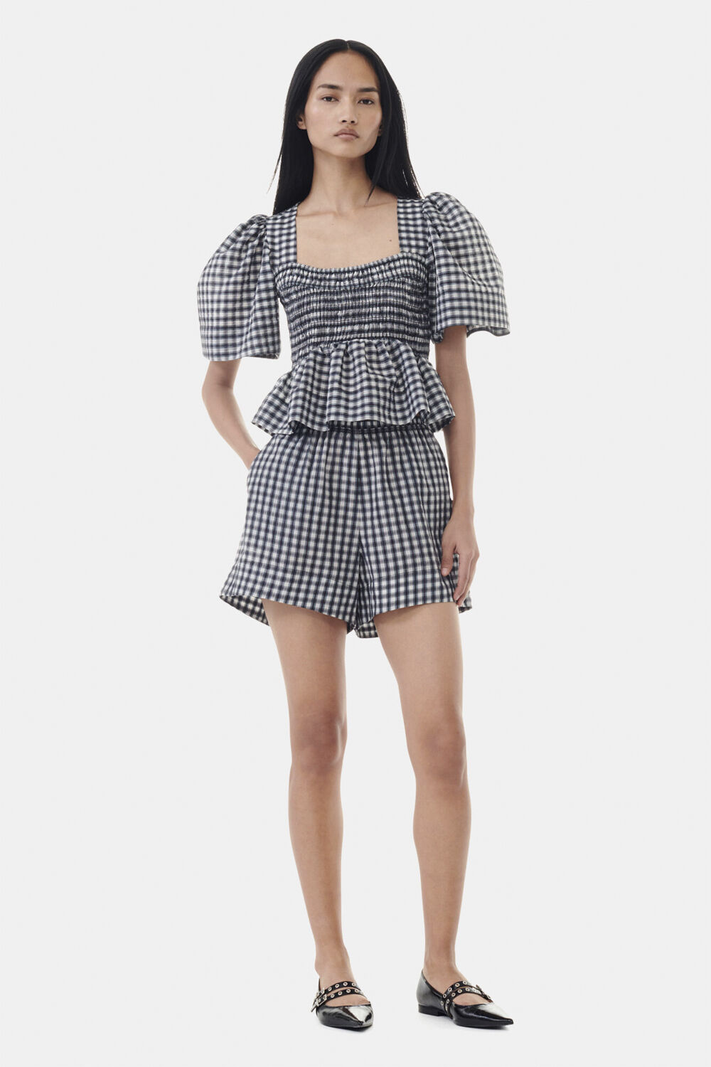 Seersucker Check Open-neck Smock Bl
