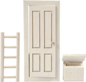 Dør, postkasse og stige, str. 8x18 cm.