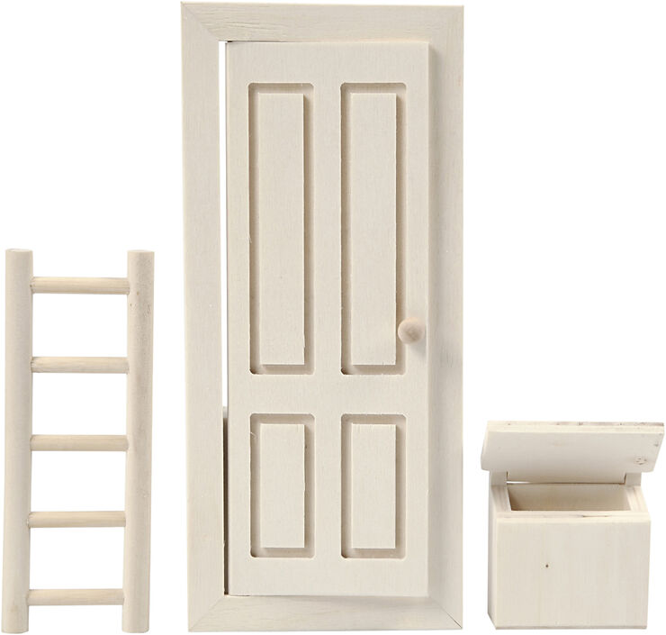 Dør, postkasse og stige, str. 8x18 cm.