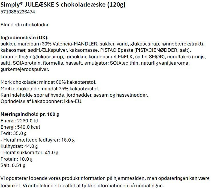 Simply&reg; JULE&AElig;SKE S chokolade&aelig;ske (120g)