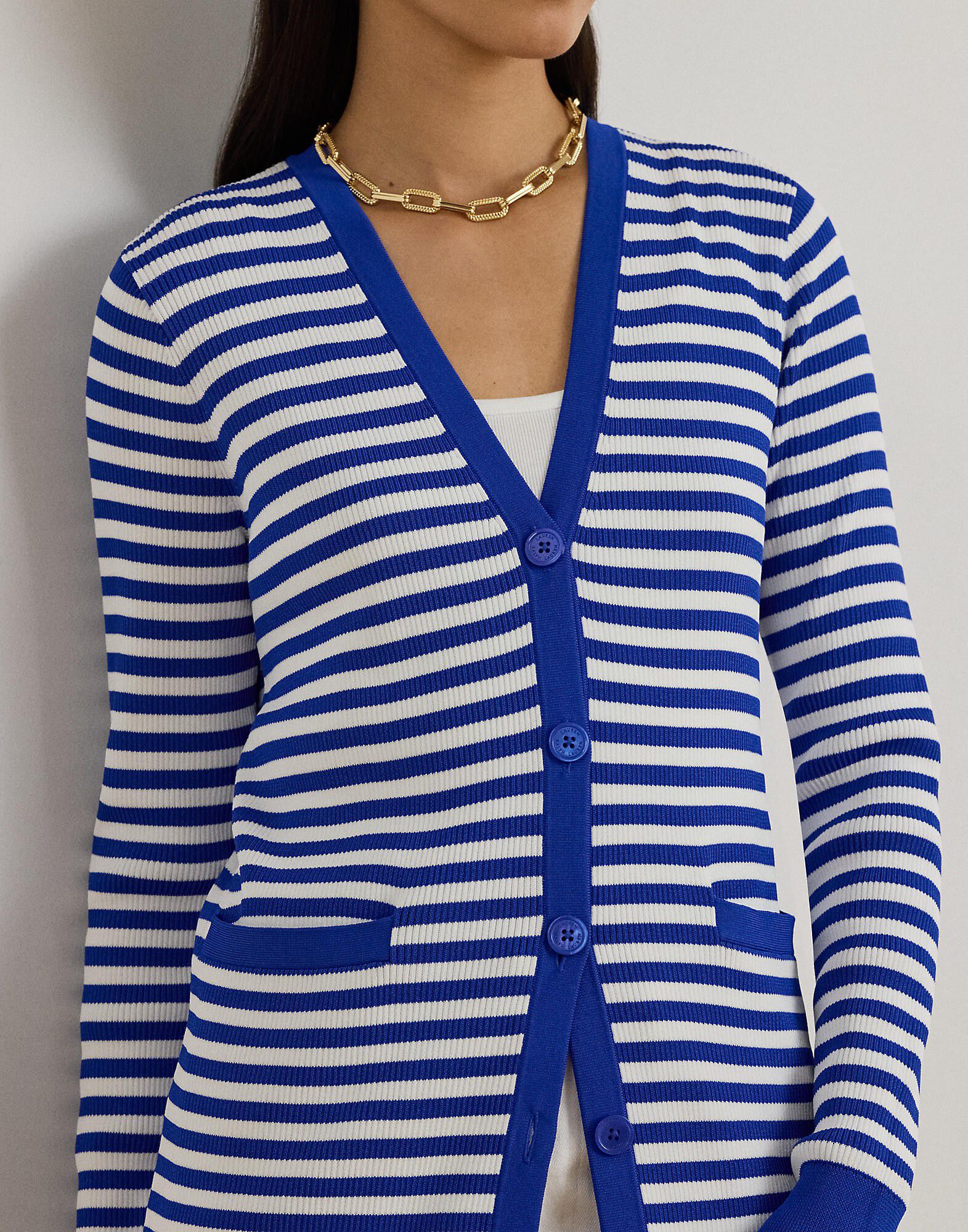 Striped Rib-Knit V-Neck Cardigan