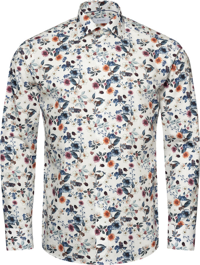 Slim Fit Mid Blue Floral Print Signature Twill Shirt