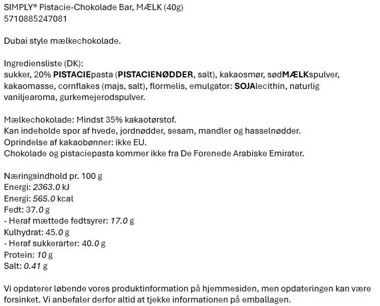 SIMPLY&reg; Pistacie-Chokolade Bar, M&AElig;LK (40g)