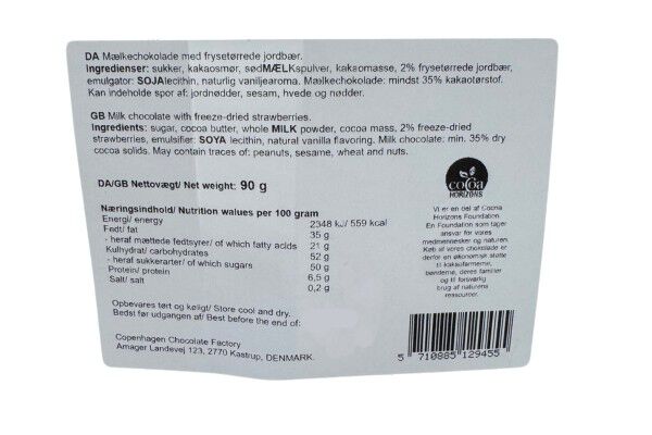 Plade, M&aelig;lkechokolade m/ jordb&aelig;r 90 g