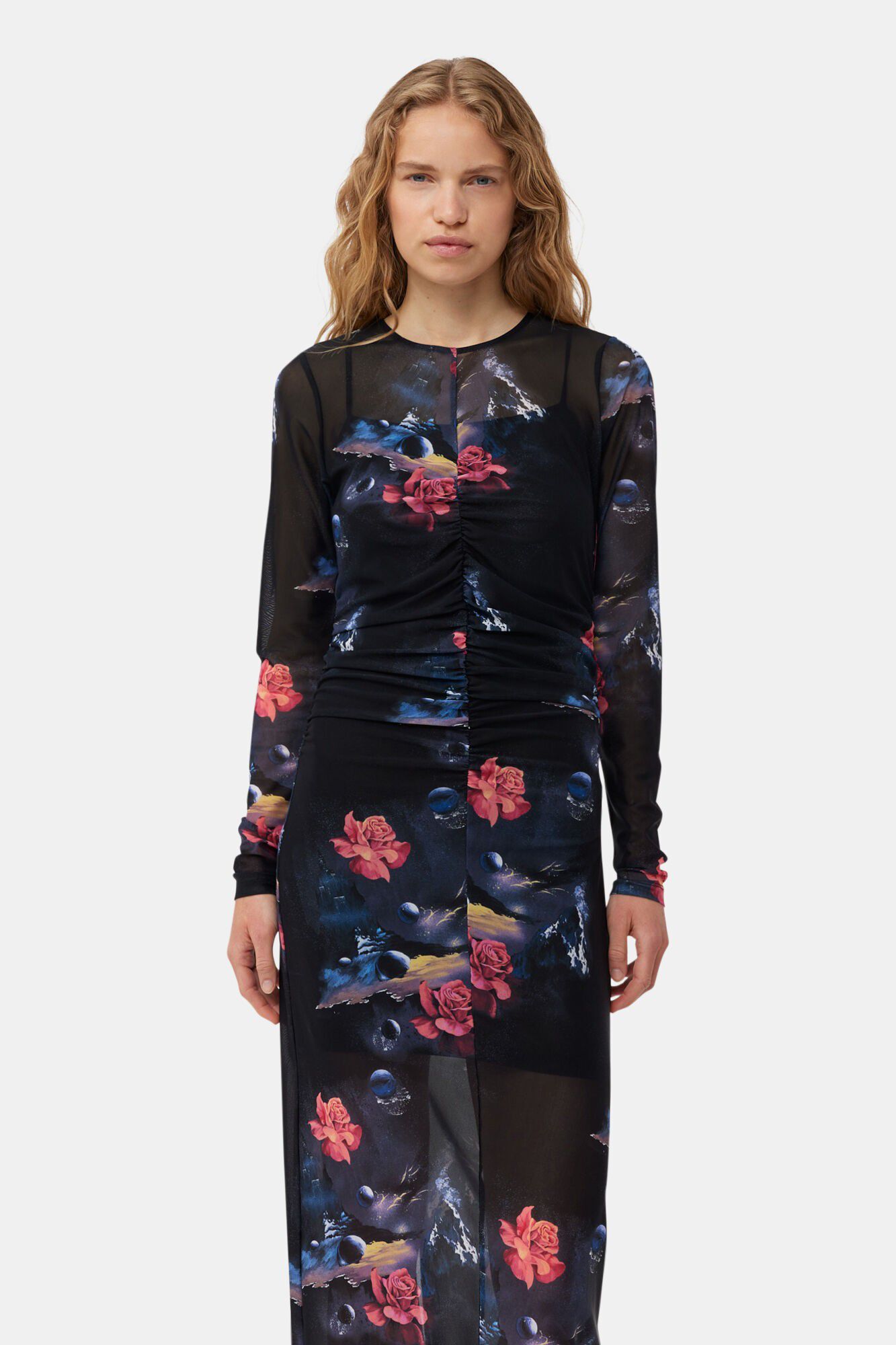 Printed Mesh O-neck Ruched Long Dre