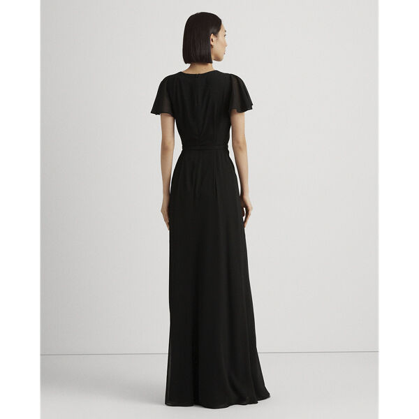 Belted Georgette Flutter-Sleeve Gown