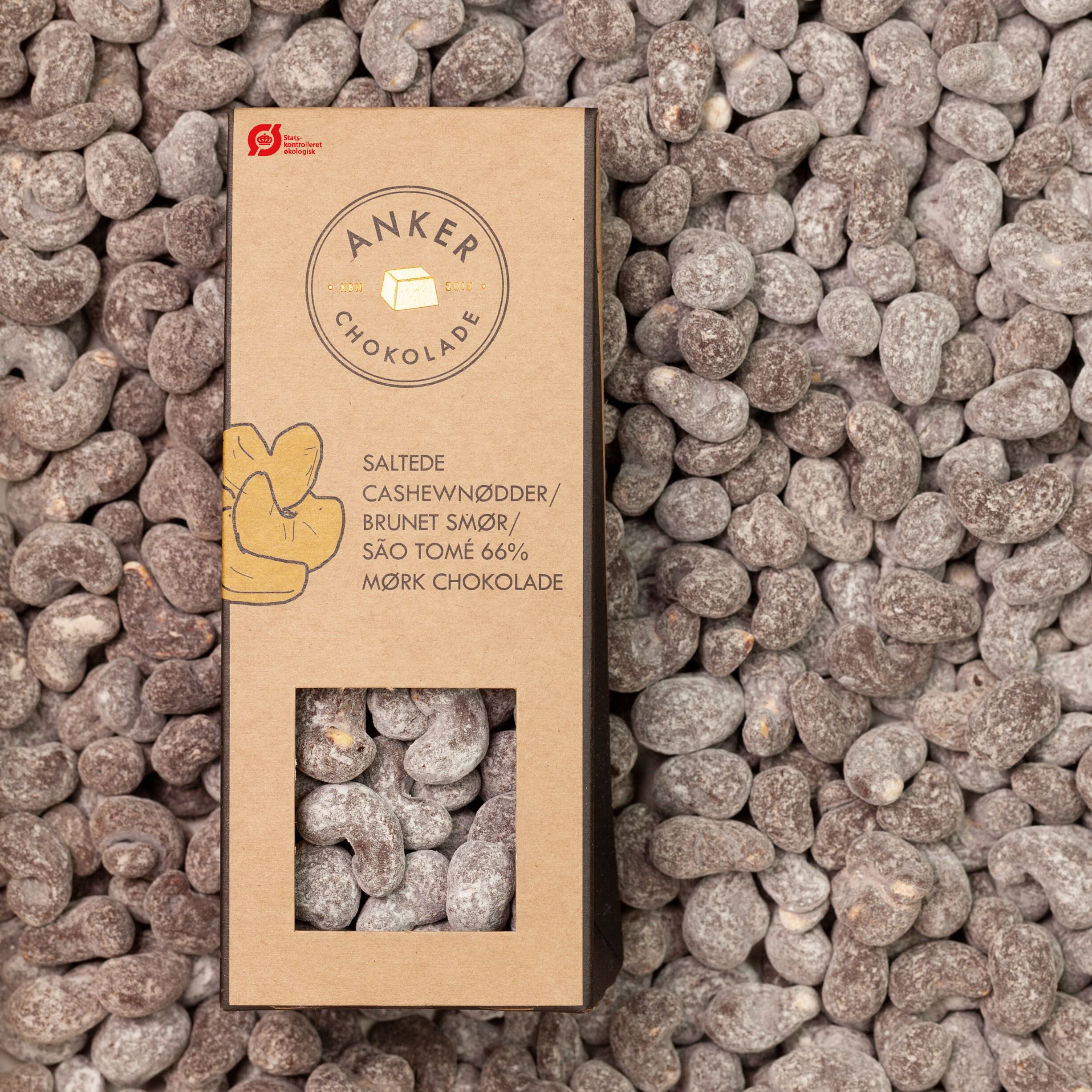 Cashewn&oslash;dder / brunet sm&oslash;r / flormelis / S&atilde;o Tom&eacute; 66% m&oslash;rk chokolade