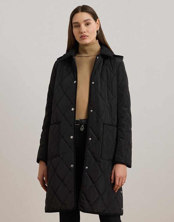 Corduroy-Trim Logo Quilted Hooded Coat