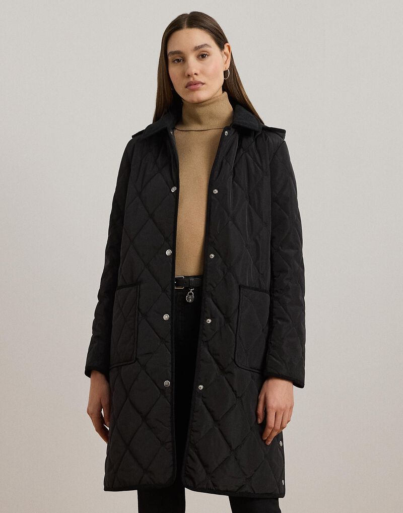 Corduroy-Trim Logo Quilted Hooded Coat