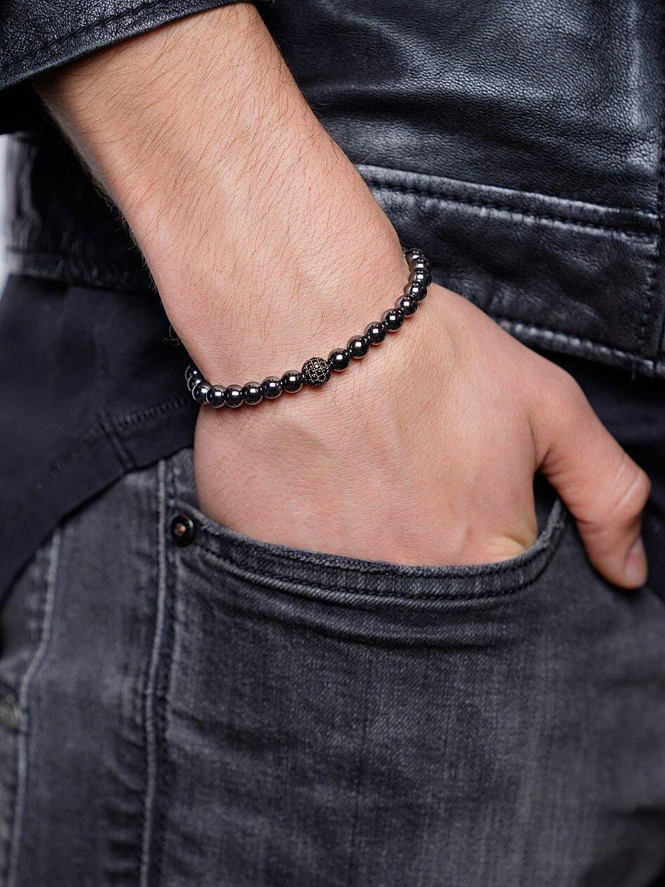 Men's Wristband with Hematite and Black CZ Diamond