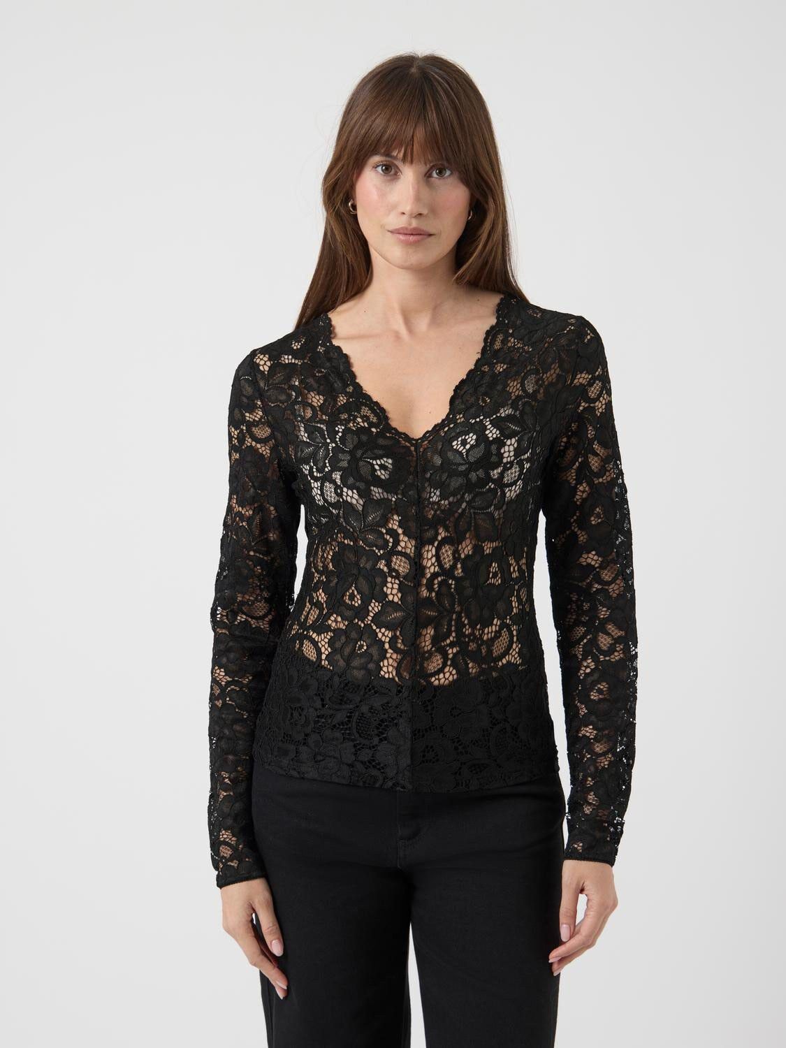 YASLACEY LS V-NECK LACE TOP S. NOOS