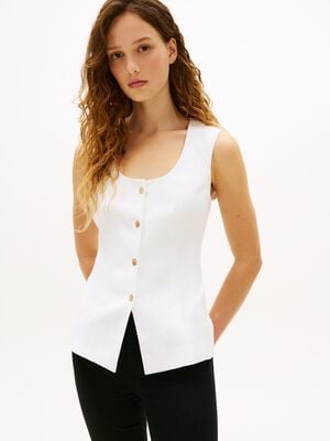 Gold-Tone Button Linen Blend Slim Waistcoat