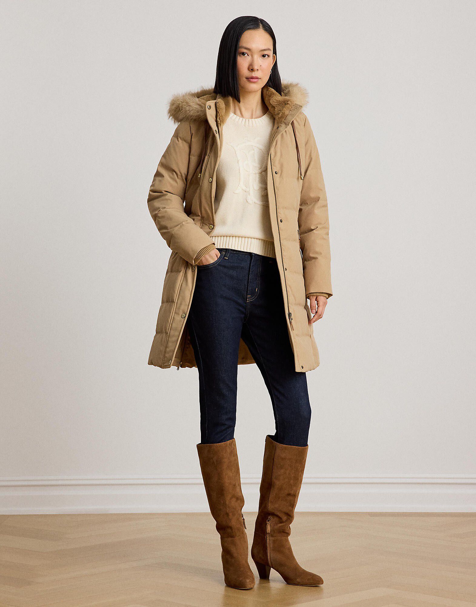 Faux-Fur-Trim Hooded Down Coat