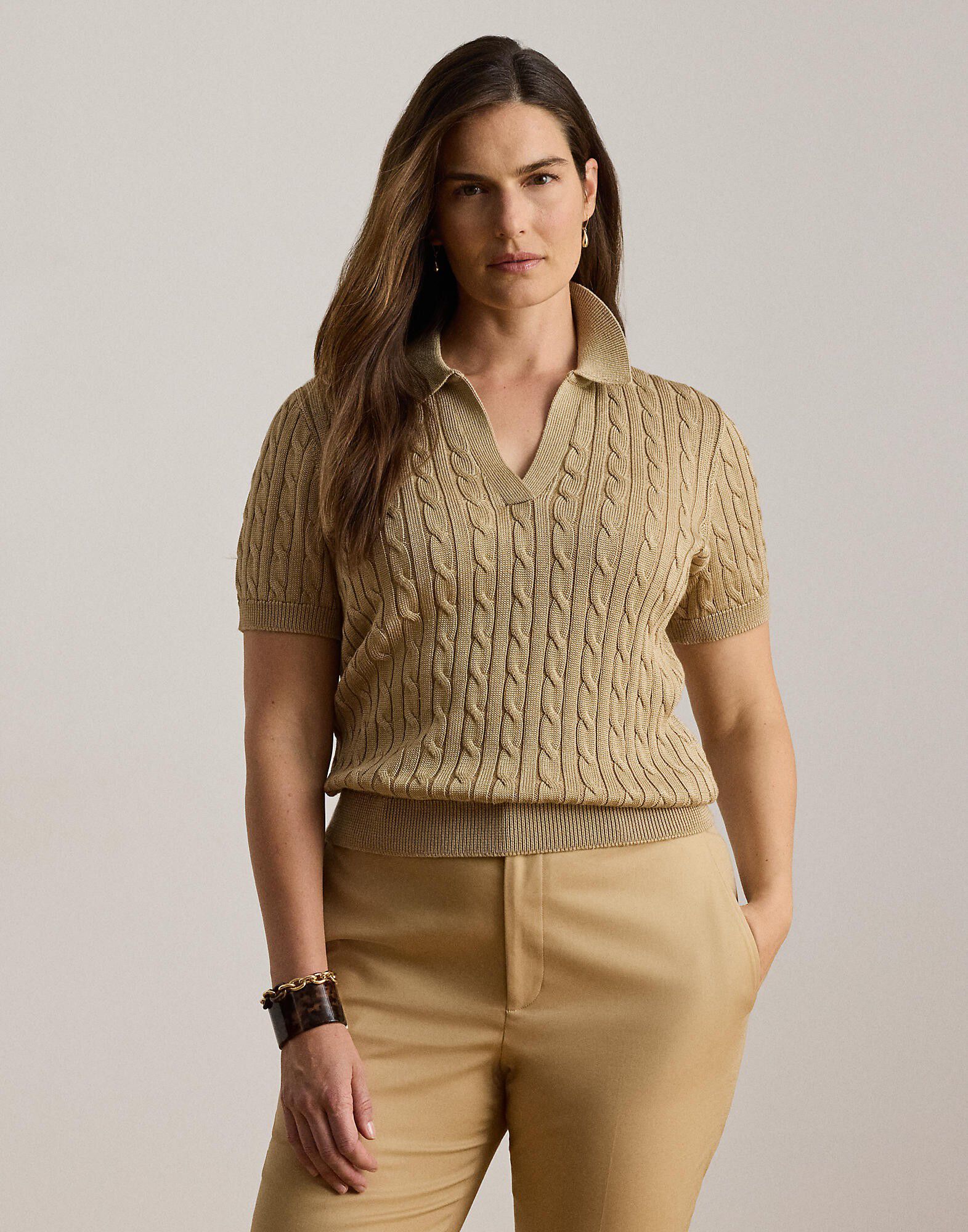 Cable Cotton-Blend Short-Sleeve Sweater