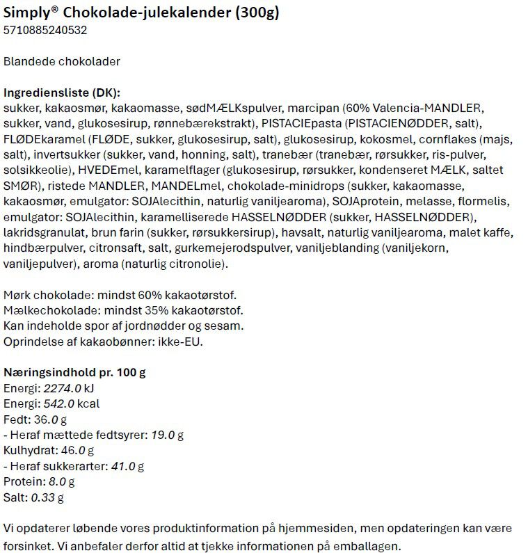 Simply&reg; Chokolade-julekalender (300g)