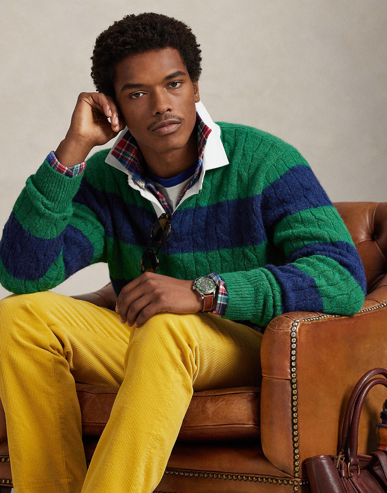 Striped Cable-Knit Rugby Sweater