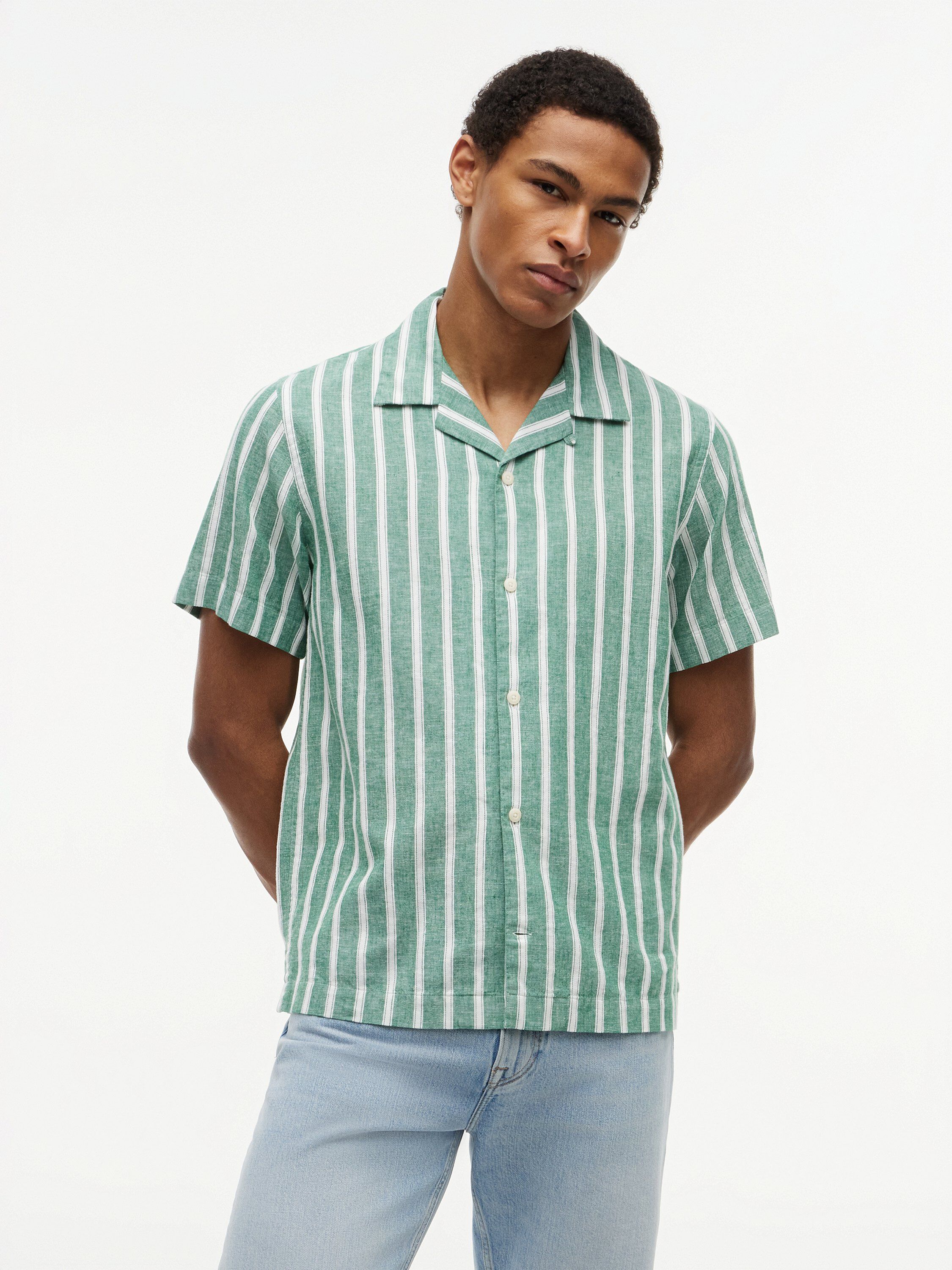 Linen Blend Textured Stripe Short Sleeve Shirt