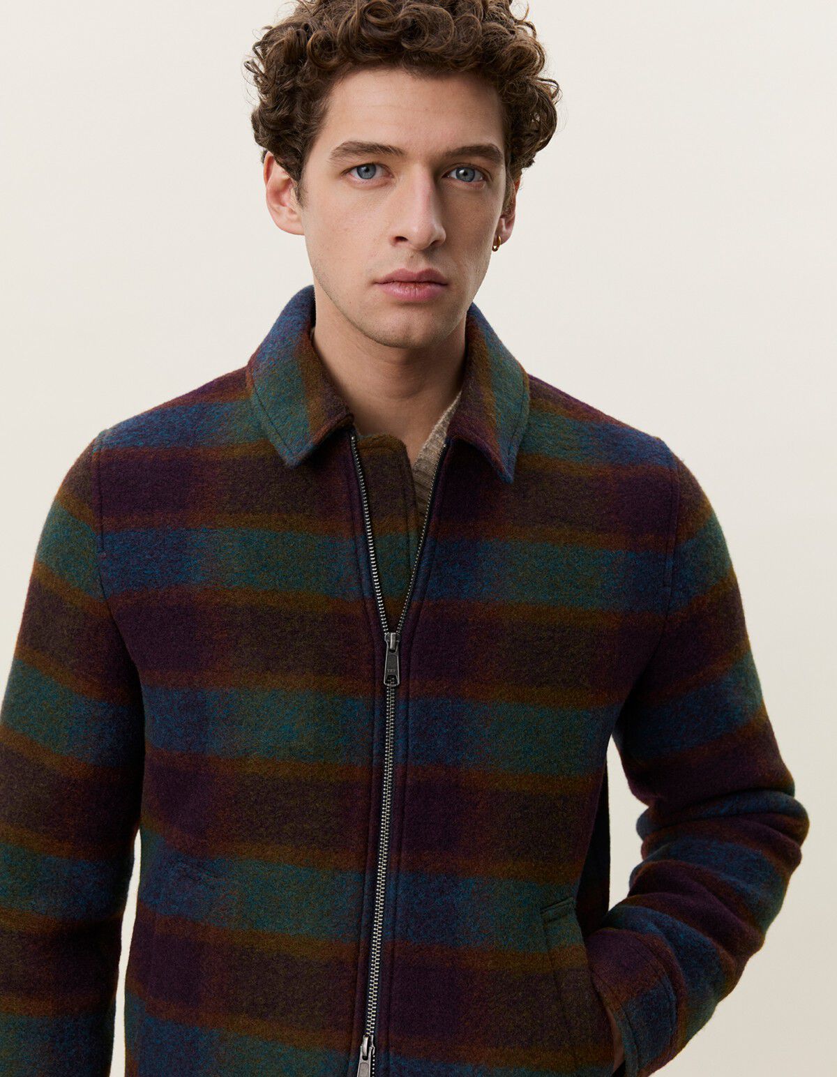 Check Wool Zipper Coach Jacket