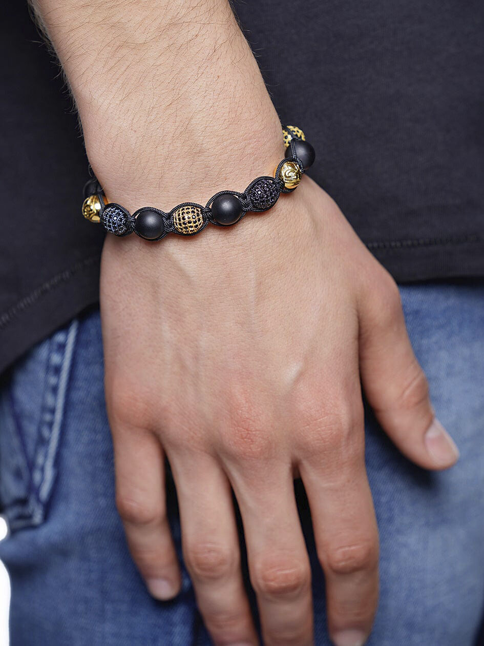 Men's Beaded Bracelet with Matte Onyx and Black/Gold CZ Diamonds