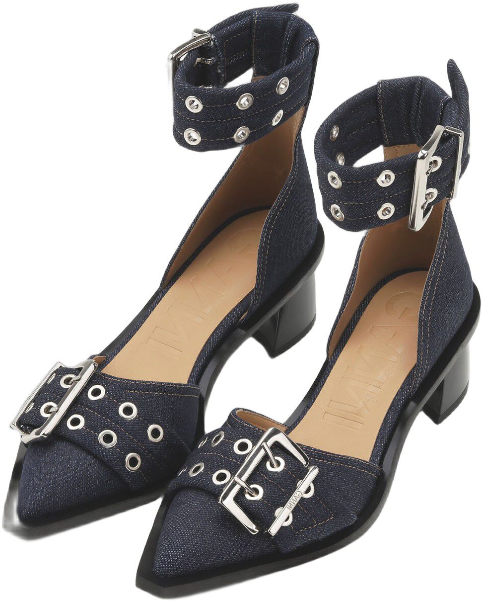 Feminine Buckle Open Cut Pump Denim