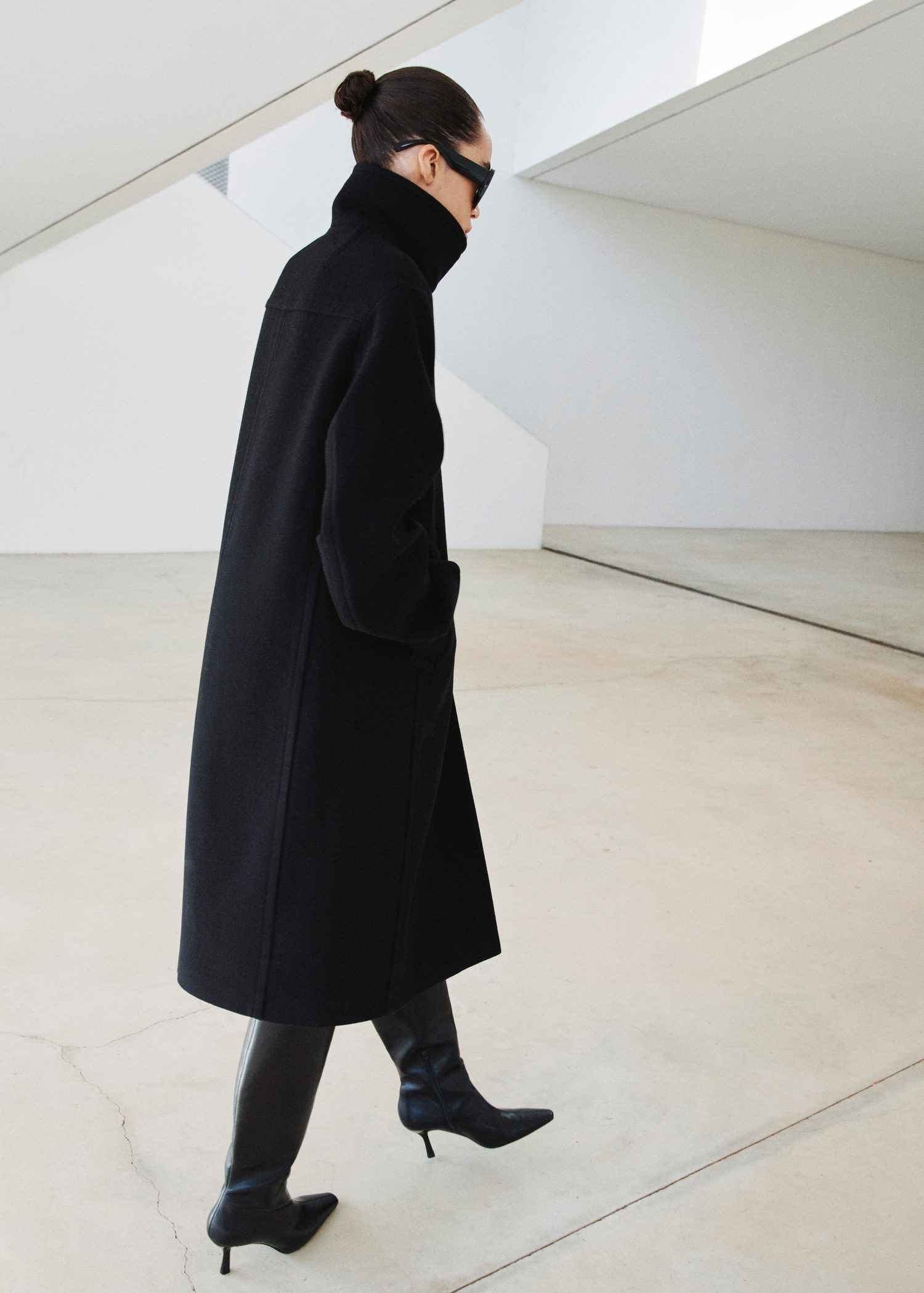 Wool-blend funnel-neck coat