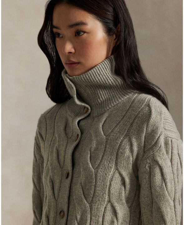 Cable Wool-Cashmere Funnelneck Cardigan