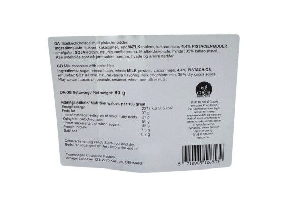 Plade, M&aelig;lkechokolade m/ pistacie 90 g