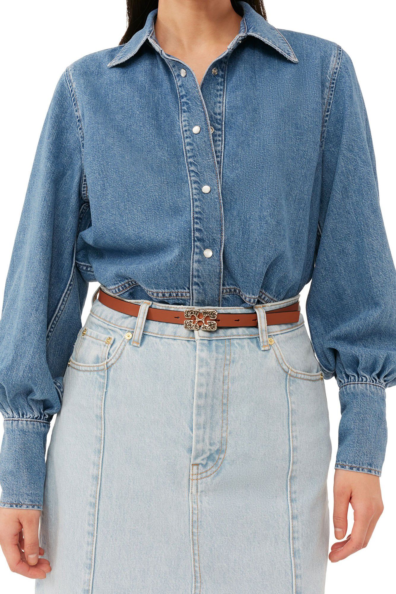 Bleach Denim Peplum Midi Skirt